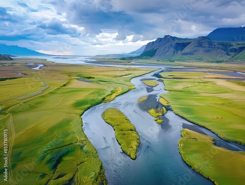 Iceland River Aeral View, Serene Icelandic River Flowing Through Rugged Landscapes, North River photo