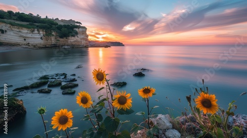 Beach in the south of France at sunset with sunflowers in the foreground