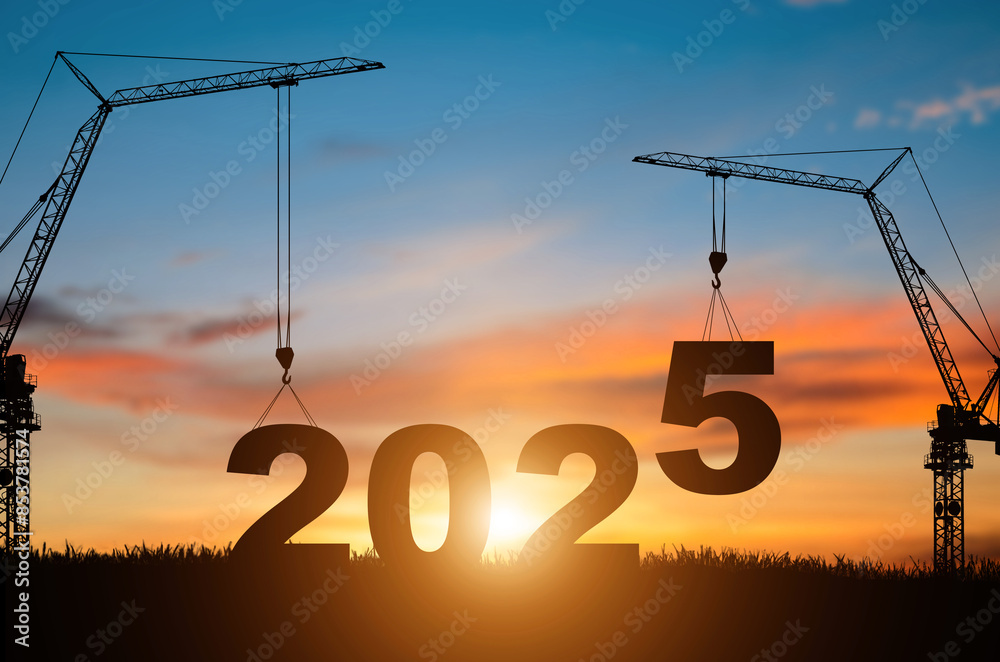 © Tarokmew - Silhouette construction site,Cranes building construction prepare to welcome the new year 2025 at sunset.