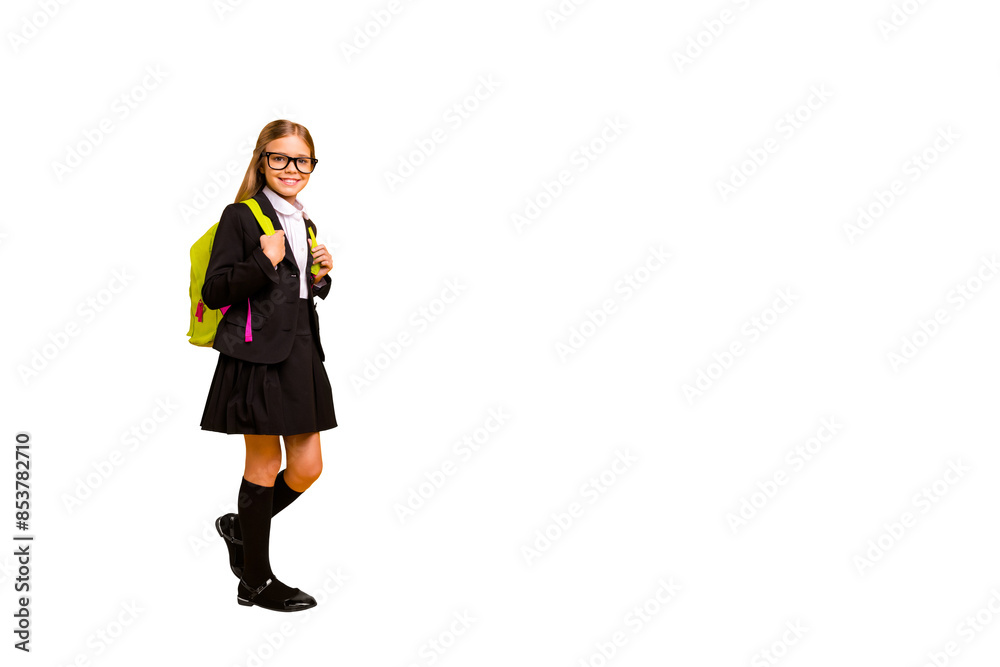 Full body size photo of charming kid wear eyewear eyeglasses standing isolated over yellow background Full body size photo of charming kid wear eyewear eyeglasses standing isolated over yellow background