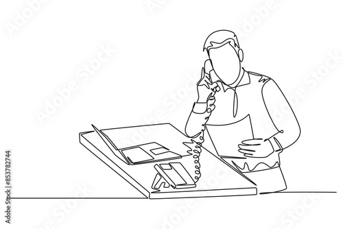 Single one line drawing young marketing manager reading sales report from sales division during receiving a phone call. Company report. Modern continuous line draw design graphic vector illustration