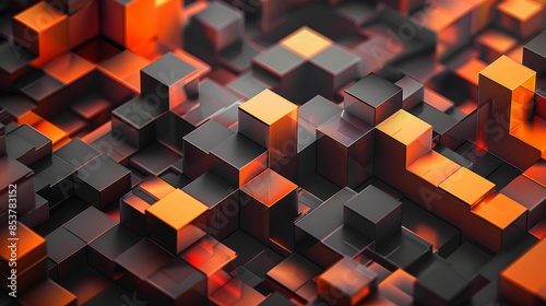 Modern 3D wallpaper with orange and black, transparent cubes aligned perfectly. photo