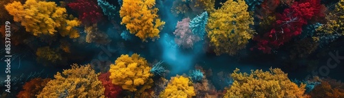 A stunning aerial view of a vibrant forest in autumn, displaying a mix of yellow, red, and orange foliage surrounding a misty blue river.