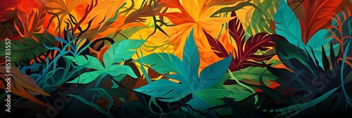 abstract jungle scene featuring a vibrant orange wall and a lush green leaf photo