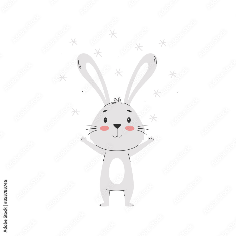 A cute smiling rabbit, rejoicing in the flying snowflakes A cute smiling rabbit, rejoicing in the flying snowflakes