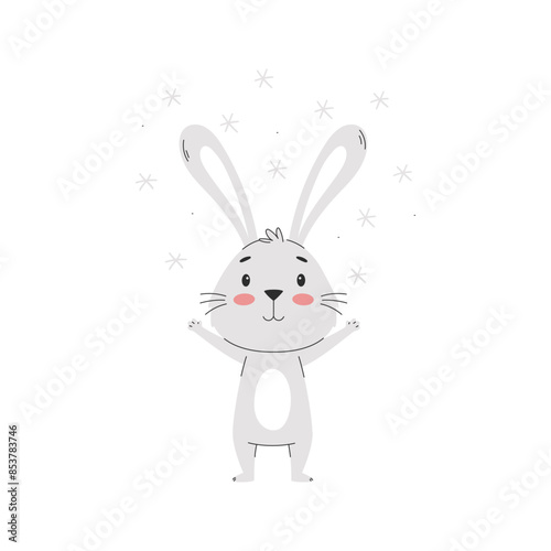 A cute smiling rabbit, rejoicing in the flying snowflakes