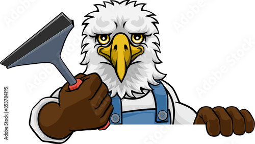 An eagle cartoon mascot car or window cleaner holding a squeegee tool peeking round a sign