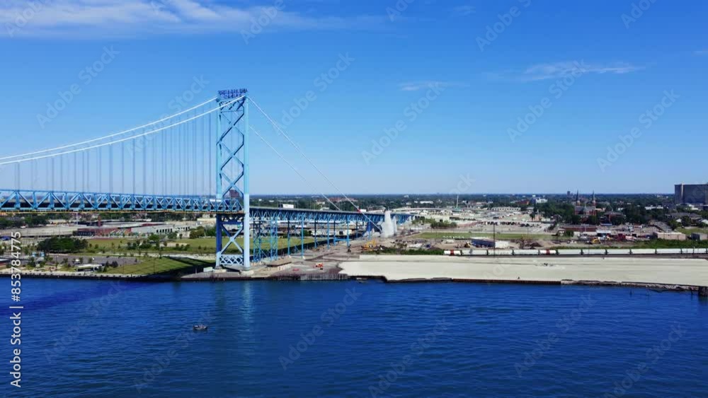 Drone view of Ambassador Bridge on the border of Canada and the USA Drone view of Ambassador Bridge on the border of Canada and the USA