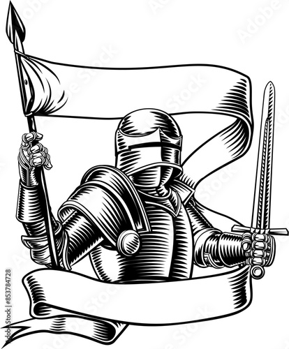 An original illustration of a medieval knight with banner battle flag or standard scroll ribbon. In a vintage engraved etching woodcut style.