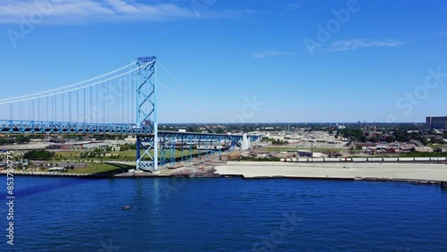 Drone view of Ambassador Bridge on the border of Canada and the USA