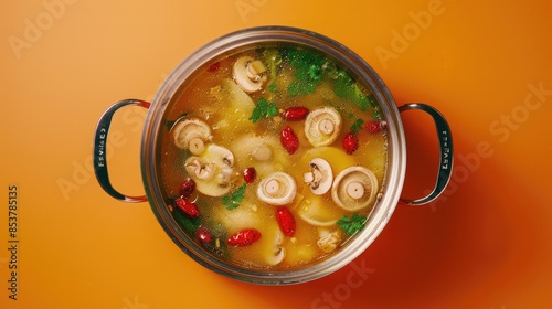 A delicious and nutritious soup with dumplings, mushrooms, and vegetables. AIG535