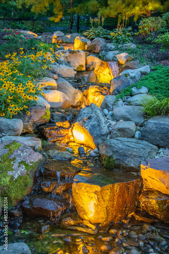 A water feature is beautifully lit at night in a landscaped back yard.