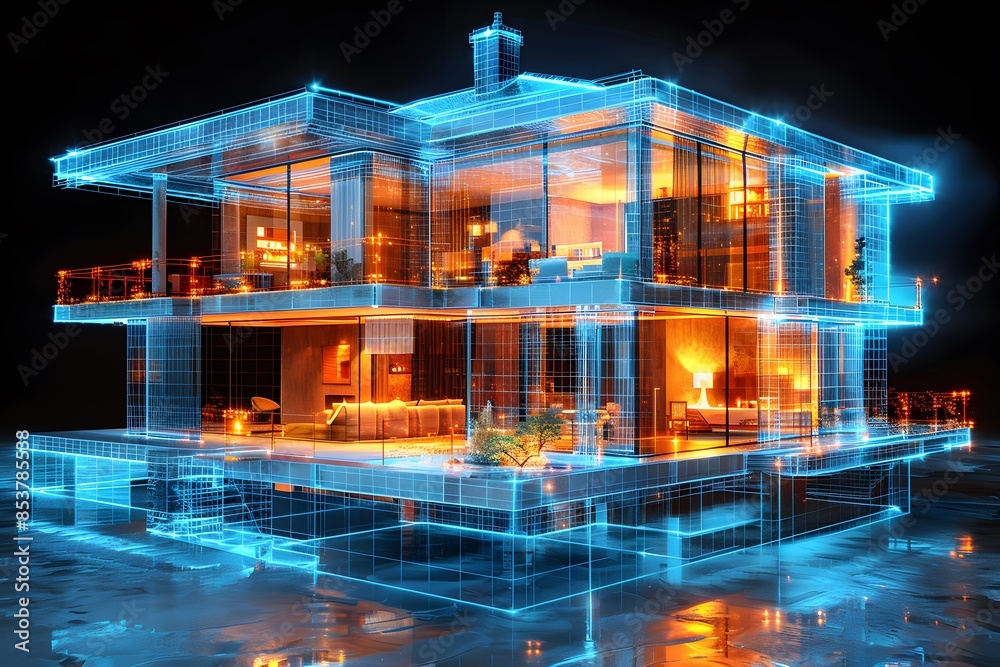 Obraz premium Futuristic Smart Home Design Digital Blueprint Concept for Modern Architecture and Interior Design