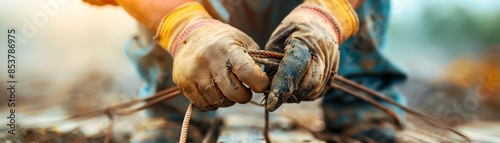 Skilled Construction Worker Tying Rebar with Precision and Craftsmanship