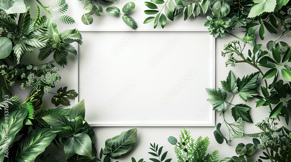 Blank white frame surrounded by lush green leaves and plants, perfect for nature-themed designs, posters, and eco-friendly projects. Blank white frame surrounded by lush green leaves and plants, perfect for nature-themed designs, posters, and eco-friendly projects.