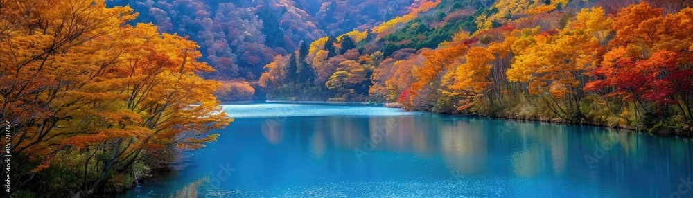 Stunning autumn landscape with vibrant foliage and clear blue lake water surrounded by colorful trees.