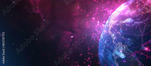 Abstract digital planet Earth with glowing connections lines on a dark purple background