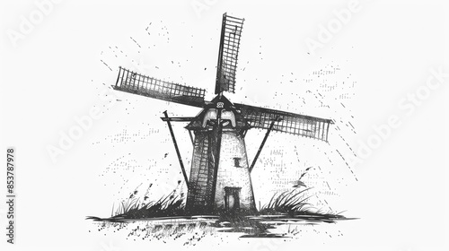 Line art drawing of traditional windmill over white background.