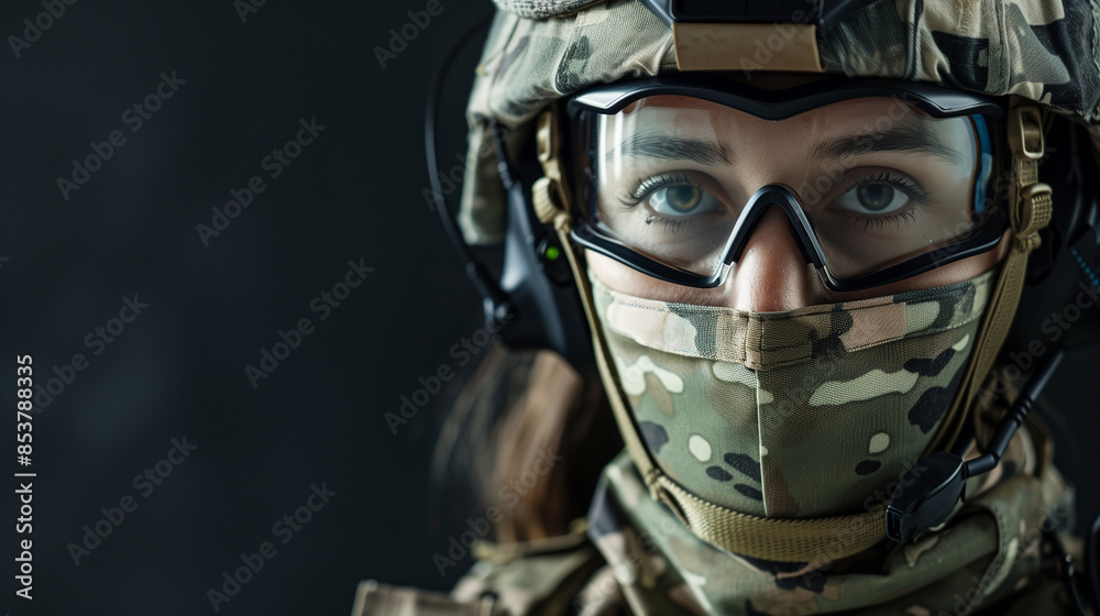Close-up of a determined female soldier's face, showing intensity and focus. Wearing full camouflage gear and tactical helmet. Close-up of a determined female soldier's face, showing intensity and focus. Wearing full camouflage gear and tactical helmet.