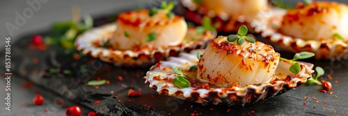 Baked Scallop in Scallops Shell, Gourmet Seafood Exquisitely Served on Sea Pebbles Closeup photo