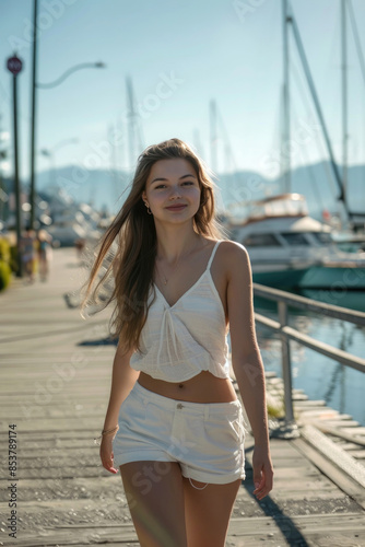 A young woman in a light summer outfit walking along a waterfront