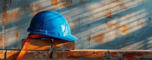 Safety First - Blue helmet with chin strap on brick stack under sun shadows photo