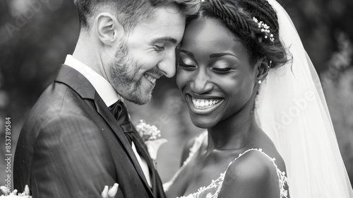 Black and white photo of interracial bride and groom at their wedding ceremony. 