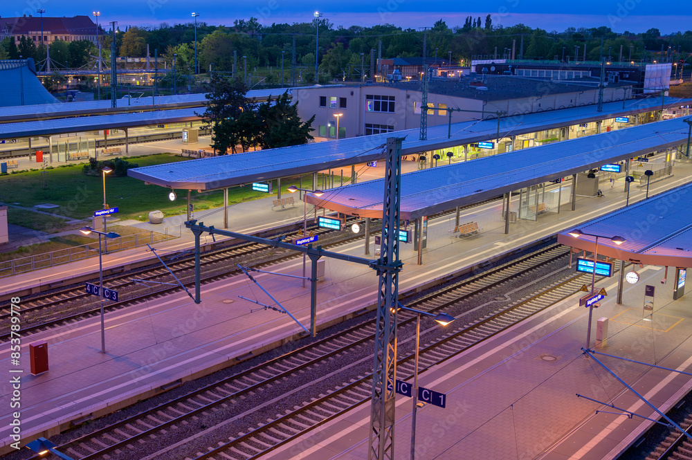 Magdeburg, Germany - May 05, 2024: View of an empty Magdeburg Main Station at a summer evening.