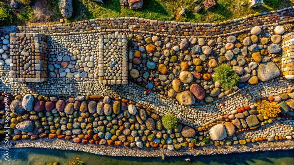 A detailed aerial view of a mosaic-like fort wall, composed of carefully selected river stones in a range of colors and shapes.