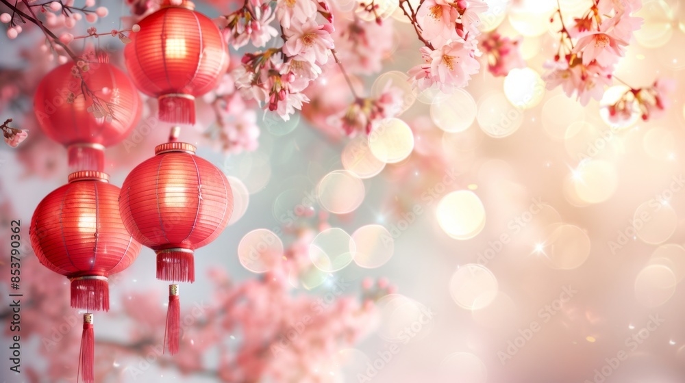 Red Lanterns and Cherry Blossoms, Generative AI Red Lanterns and Cherry Blossoms, Generative AI