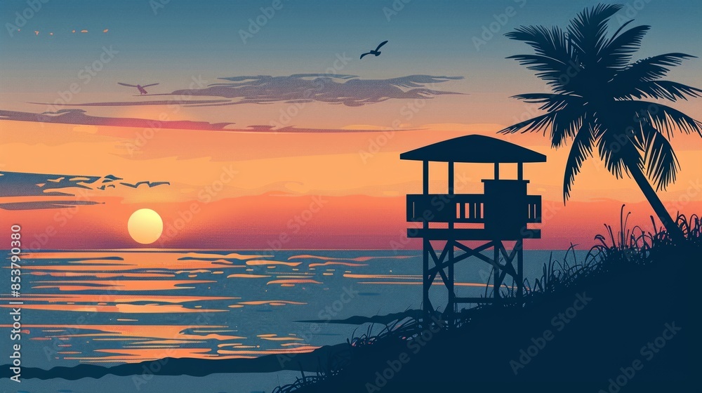 Vector illustration of beautiful scenic landscape of tropical sea beach with safeguard watch tower and surfer carrying surfboard. Vector illustration of beautiful scenic landscape of tropical sea beach with safeguard watch tower and surfer carrying surfboard.