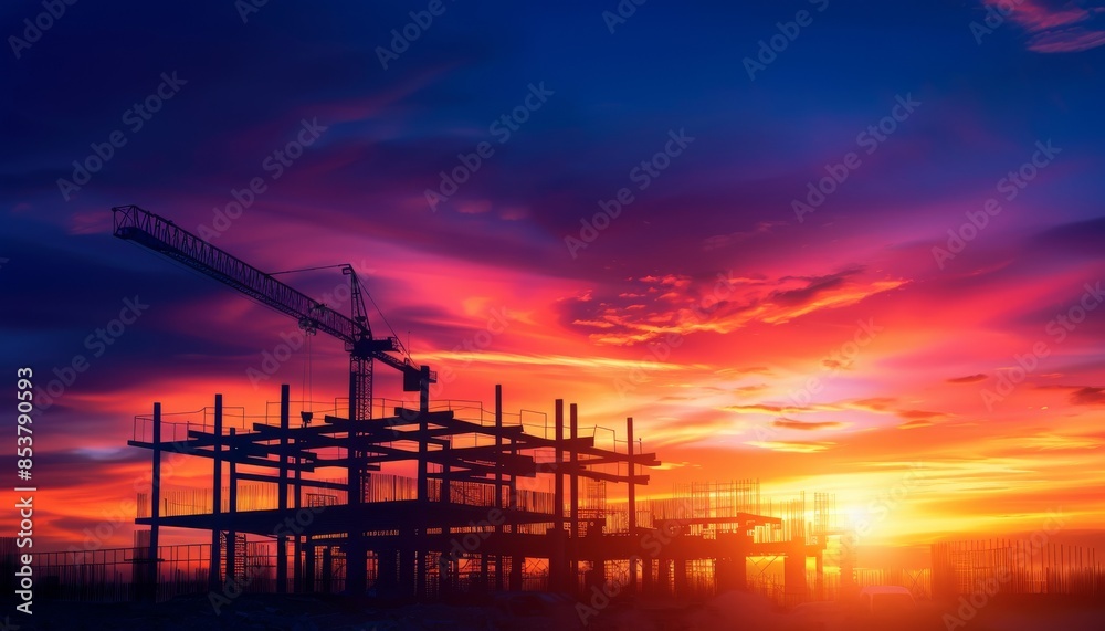 Dramatic Steel Framework Silhouettes at Sunset with Striking Patterns and Warm Colors in the Sky Dramatic Steel Framework Silhouettes at Sunset with Striking Patterns and Warm Colors in the Sky