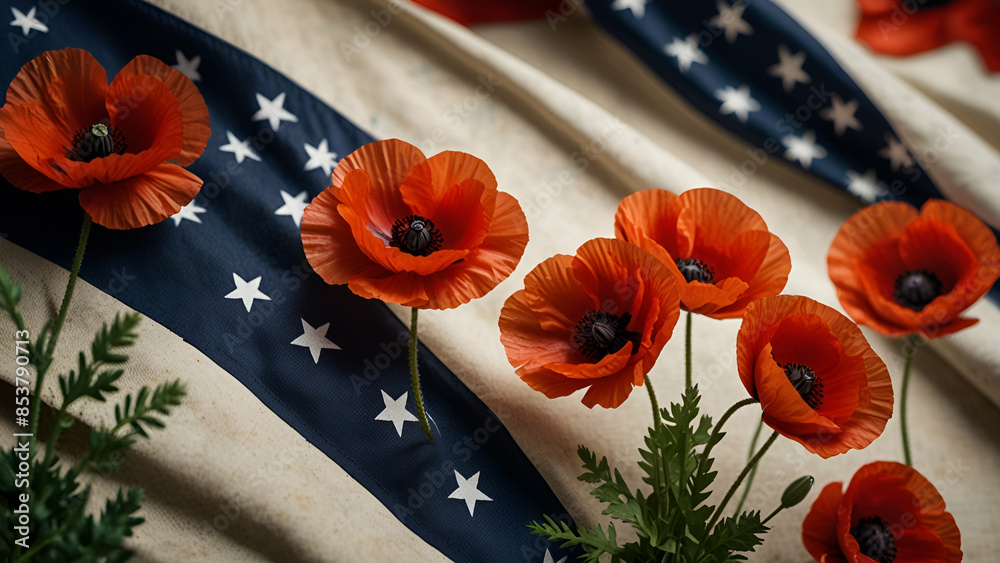 Naklejka premium Red poppy flowers gracefully overlaying the American flag, blending patriotism with beauty.