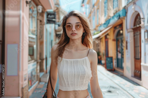 A young woman in a summer outfit exploring a city © Venka