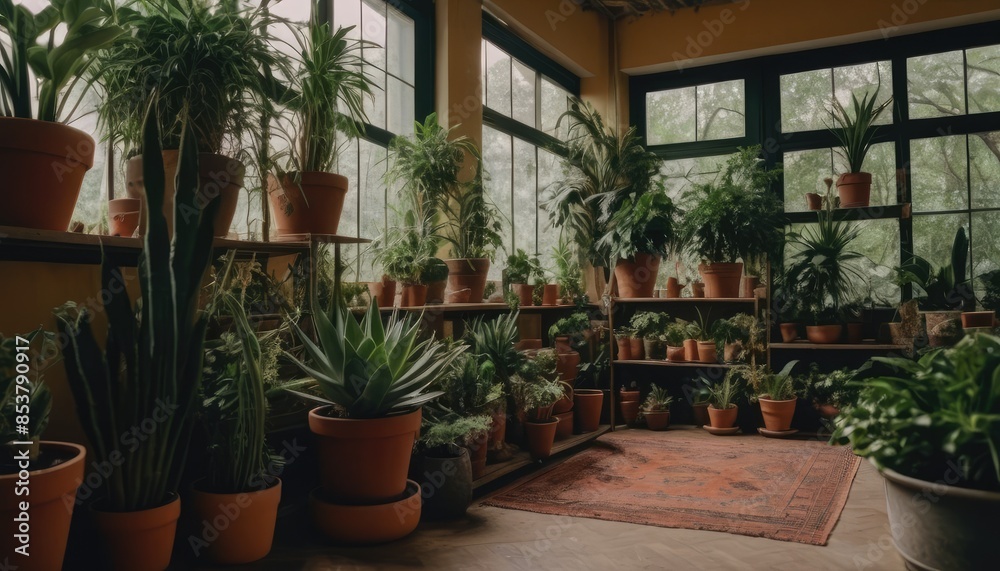 A tranquil indoor space adorned with a rich collection of potted plants, creating a refreshing and calming atmosphere A tranquil indoor space adorned with a rich collection of potted plants, creating a refreshing and calming atmosphere