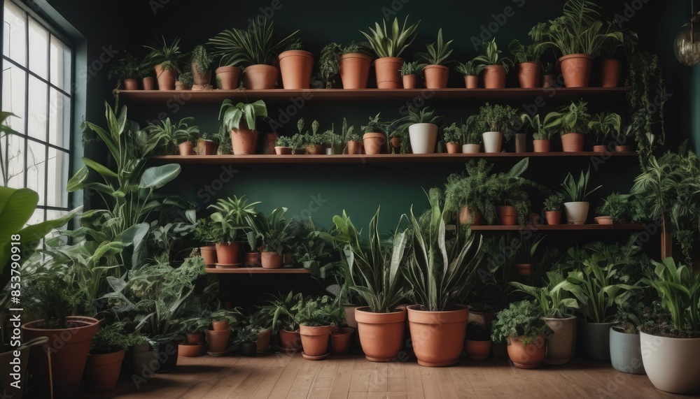 A bright room full of green plants in terracotta pots, showcasing a beautiful indoor garden that brings nature inside
