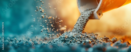 Panel kuchenny z motywem Dynamic Concrete Pouring: Close-up of Concrete Mixer Truck's Chute in Motion at Construction Site