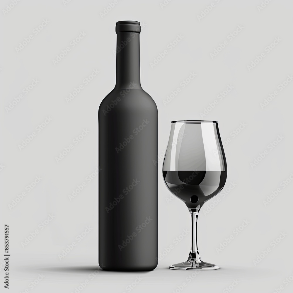 Elegant wine flask and glass, logo, black white 3D illustration, minimalism Elegant wine flask and glass, logo, black white 3D illustration, minimalism
