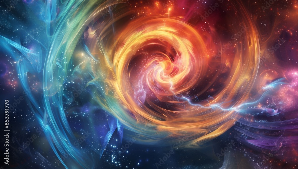 A swirling vortex of energy and light, representing the concept of quantum entanglement in space with colorful background. The colors should be vibrant and mesmerizing A swirling vortex of energy and light, representing the concept of quantum entanglement in space with colorful background. The colors should be vibrant and mesmerizing