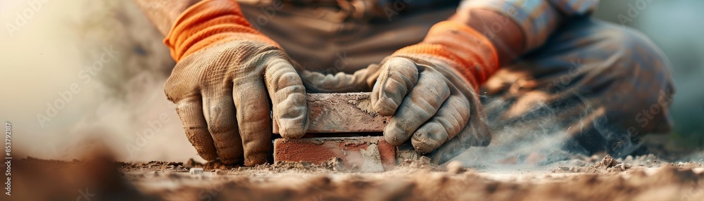 Masterful Bricklaying: A Close-up of Skilled Hands Placing Brick with Expertise and Precision Masterful Bricklaying: A Close-up of Skilled Hands Placing Brick with Expertise and Precision