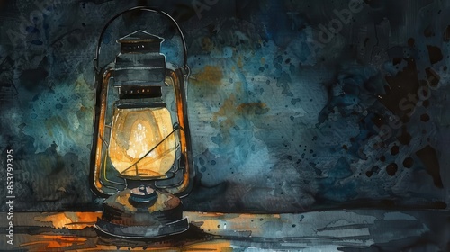 antique kerosene lamp illuminating darkness hand drawn watercolor painting photo