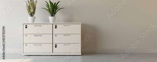 Sophisticated ivory minimalist file cabinet in a contemporary office with clean lines and lockable drawers, providing a stylish and secure storage solution