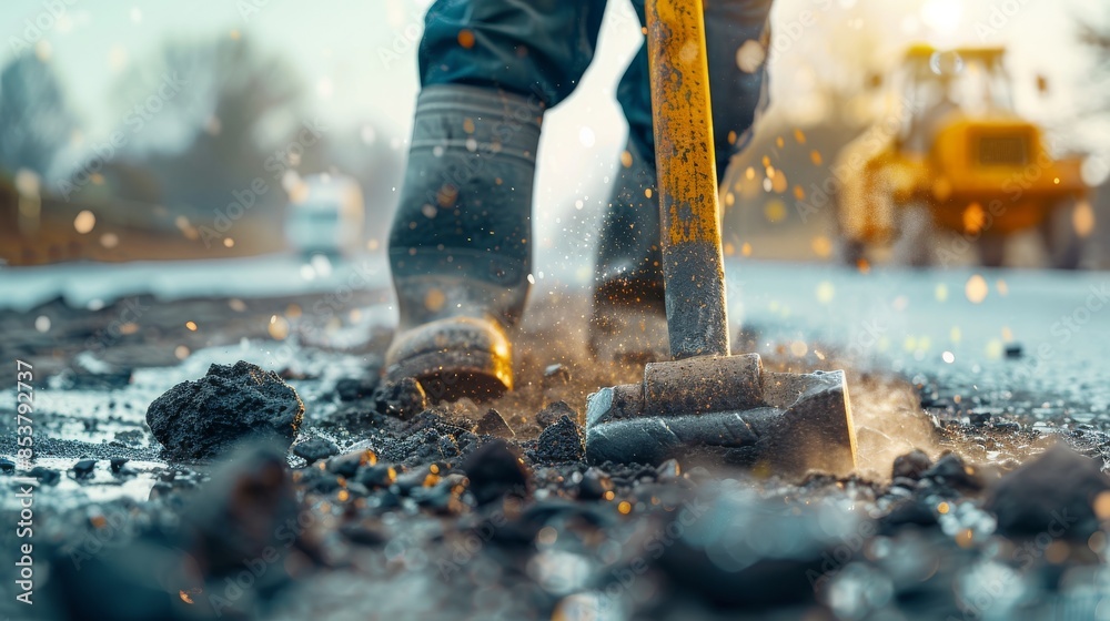Determined construction worker using jackhammer to break up old pavement on road amid debris and dust. Determined construction worker using jackhammer to break up old pavement on road amid debris and dust.