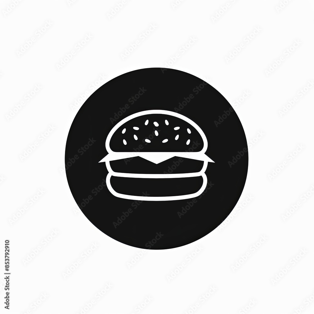 Burger in a circle, black and white colors illustration, logo, flat image, minimalism