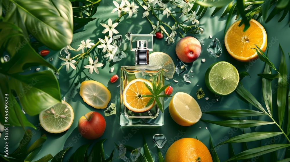 Photo of a perfume spray bottle Decorated with fruits, flowers, green leaves, professional products. Photo of a perfume spray bottle Decorated with fruits, flowers, green leaves, professional products.