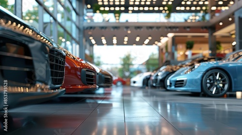 car dealership showroom with various vehicle finance options 3d rendering