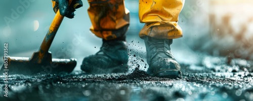 Determined construction worker operating heavy machinery on freshly laid asphalt