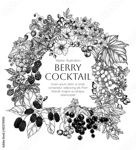 Vector frame berry cocktail.  Cherries, grape, rose hips, raspberries, blackberries, cloudberries, lingonberries, blueberries, mulberry , currant, strawberry