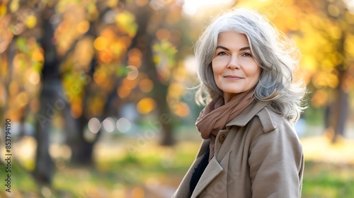 Closeup portrait of naturally beautiful senior cute grayhaired woman standing in park in autumn wearing coat looking at camera smiling Pretty mature kind goodlooking female on fresh ai : Generative AI photo