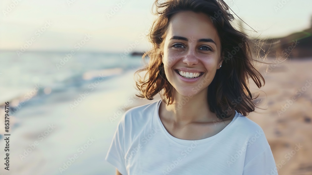 Young beautiful smiling cheerful woman in white tshirt standing on the seashore enjoying nature : Generative AI Young beautiful smiling cheerful woman in white tshirt standing on the seashore enjoying nature : Generative AI